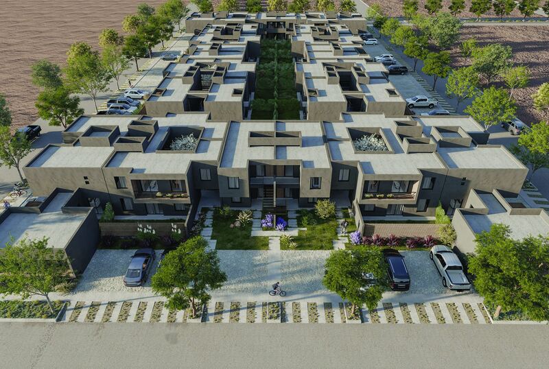 Render aéreo del conjunto con jardín central